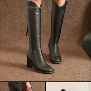Women's Knee-High Black Leather Block Heel Boots